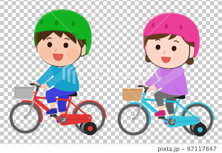 Illustration of a girl and boy riding a bicycle with a helmet and training wheels 97117847