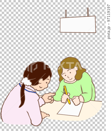 市役所の窓口で申請書類に記入する若い女性のイラスト 97119197