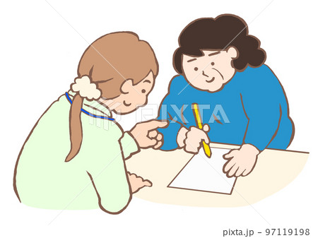 スタッフの説明を聞きながら申請書を記入する中年女性のイラスト 97119198