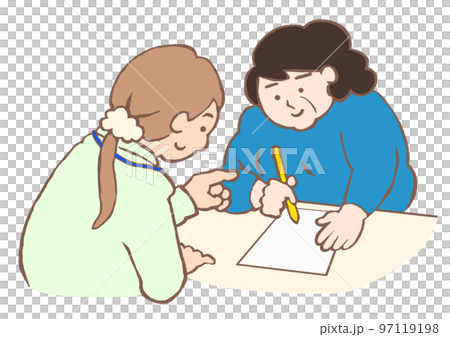スタッフの説明を聞きながら申請書を記入する中年女性のイラスト 97119198