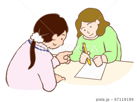 スタッフの説明を聞きながら申請書を記入する若い女性のイラスト スタッフの説明を聞きながら申請書を記入する若い女性のイラスト 97119199