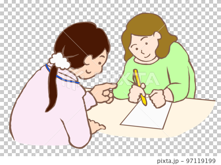 スタッフの説明を聞きながら申請書を記入する若い女性のイラスト スタッフの説明を聞きながら申請書を記入する若い女性のイラスト 97119199