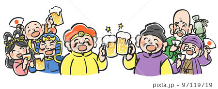ビールなどのお酒で宴会をする七福神のイラスト 横並び ビールなどのお酒で宴会をする七福神のイラスト 横並び 97119719