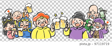 Illustration of the Seven Lucky Gods having a banquet with alcoholic beverages such as beer, side by side 97119719