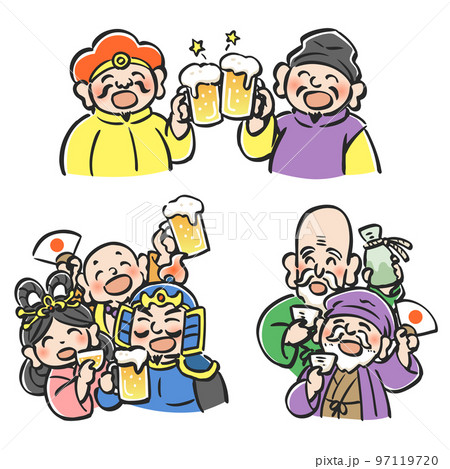 ビールなどのお酒で宴会をする七福神のイラスト 3カット ビールなどのお酒で宴会をする七福神のイラスト 3カット 97119720