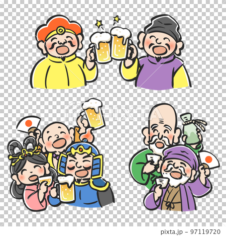 ビールなどのお酒で宴会をする七福神のイラスト 3カット ビールなどのお酒で宴会をする七福神のイラスト 3カット 97119720