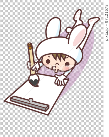 A child in a rabbit costume doing calligraphy 97121678