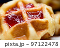Close up fresh waffles with above strawberry jam 97122478