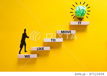 We like to move it symbol. Concept words We like to move it on wooden blocks. Businessman icon. Beautiful yellow table yellow background. Business motivational We like to move it concept. Copy space. We like to move it symbol. Concept words We like to move it on wooden blocks. Businessman icon. Beautiful yellow table yellow background. Business motivational We like to move it concept. Copy space. 97122826