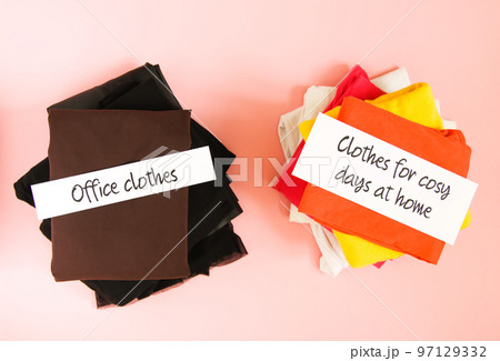 Office and home clothes sorting in wardrobe with paper notes. Office and home clothes sorting in wardrobe with paper notes. 97129332