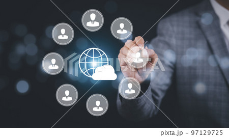 Businessman with line connect to data information on the cloud icon with people and computing network, Backup Storage Data Internet, networking and digital, Share global, and technology, concept. Businessman with line connect to data information on the cloud icon with people and computing network, Backup Storage Data Internet, networking and digital, Share global, and technology, concept. 97129725