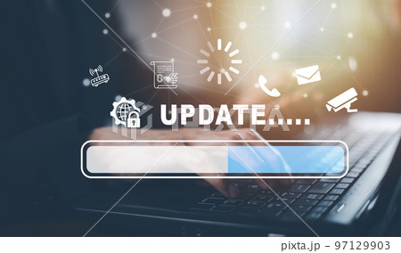 Hand touch bar of Update Software Computer Program Upgrade Business Technology Internet, Update on virtual screen. Internet and technology concept, loading bar with installing the update. 97129903