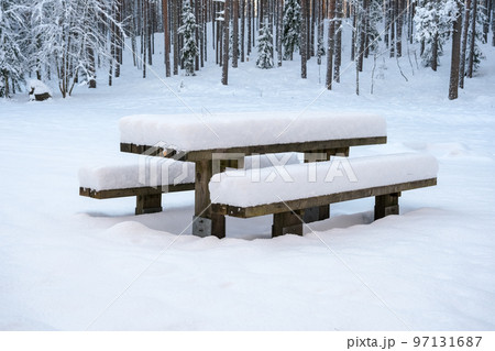 A deep, heavy layer of untouched, fresh, fluffy white snow covers the picnic tables and benches in the nature park 97131687