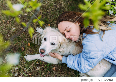 Young beautiful woman and her golden retriever dog having fun in spring 97132208