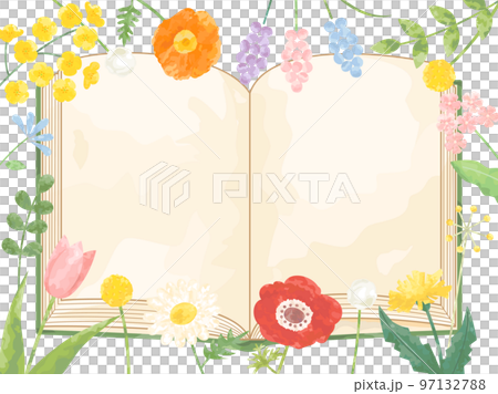 菜の花やチューリップやタンポポなどの春の花と本を組み合わせたフレーム 97132788