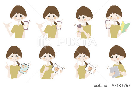 【ガジェットイラスト/スマホ、タブレットを持っている女の子】表情とポーズのバリエーションセット 97133768