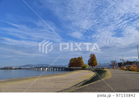 秋のなぎさ公園和田の浜(サンシャインビーチ)と近江大橋 秋のなぎさ公園和田の浜(サンシャインビーチ)と近江大橋 97133842