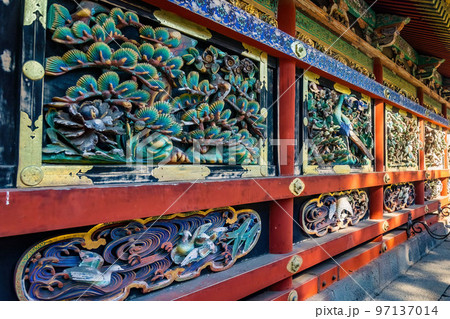 Beautiful wooden carving sculptures on walls of Toshogu Shrine in Nikko Japan 97137014