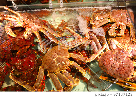 北海道 鮮魚店の店頭に並ぶタラバガニ 北海道 鮮魚店の店頭に並ぶタラバガニ 97137125