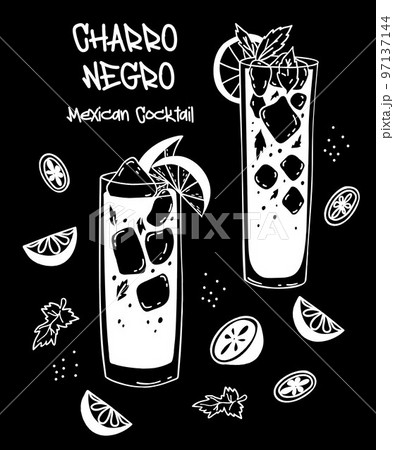Mexican cocktail Charro Negro. White chalk line on black background. Two glasses with alcoholic Latin American drinks with ice cubes and lime pieces. Vector isolate hand drawing doodles 97137144