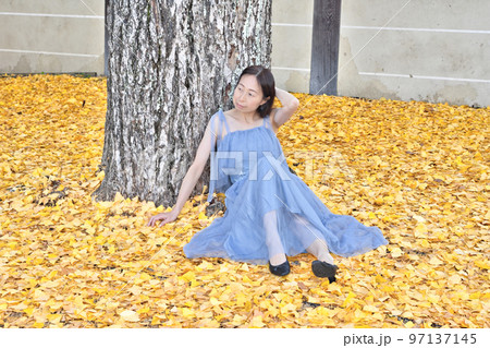 東本願寺の銀杏と女性 97137145