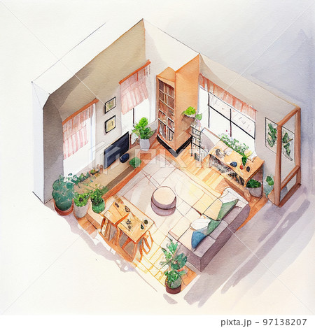 水彩画　おしゃれなリビングの内観パース 俯瞰　AI画像 97138207