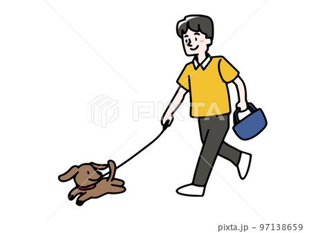 犬の散歩をしている男性 カラー のイラスト素材