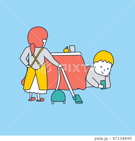 家事を手伝わないどころか邪魔な夫にイライラする主婦のイラスト素材 97138840