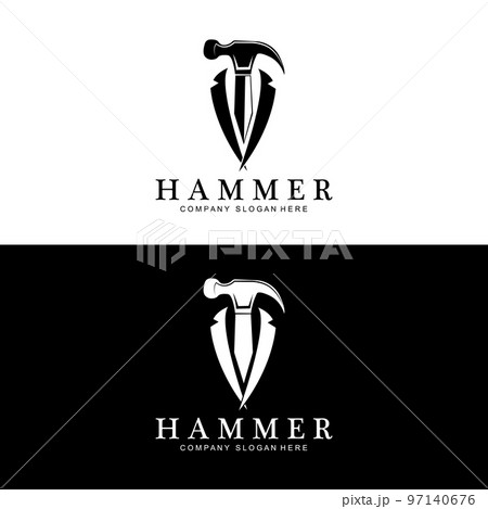 hammer, building construction tools and judge logo vector icon, vintage retro design illustration 97140676