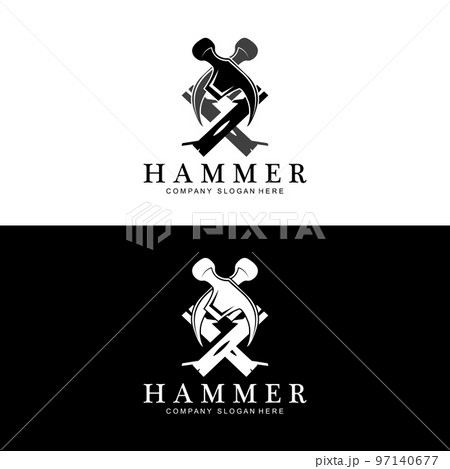 hammer, building construction tools and judge logo vector icon, vintage retro design illustration 97140677