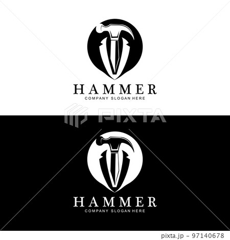 hammer, building construction tools and judge logo vector icon, vintage retro design illustration 97140678