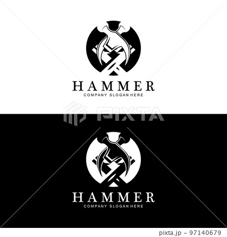 hammer, building construction tools and judge logo vector icon, vintage retro design illustration 97140679