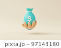 Hand holding money bag with icon dollar currency on background 97143180