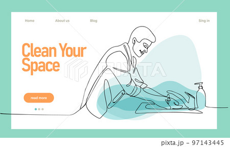 Home cleaning service landing page design concept, illustration of janitors with cleaning tools. Vector illustration 97143445