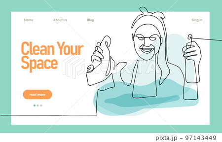 Home cleaning service landing page design concept, illustration of janitors with cleaning tools. Vector illustration Home cleaning service landing page design concept, illustration of janitors with cleaning tools. Vector illustration 97143449
