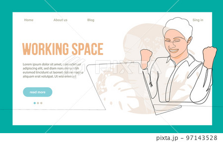 Coworking Space Landing Page Cartoon Template. Freelancers Team Working Online on Laptop. Business People Sharing Open Workspace. Outline Vector Illustration 97143528