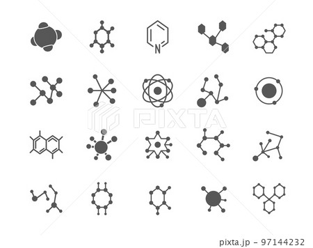 Chemical icons, molecular formula, atoms structure. Ion molecule, bio protein and dna model, chemistry cell. Laboratory research. Logotype black elements. Vector medical pictogram logo set 97144232