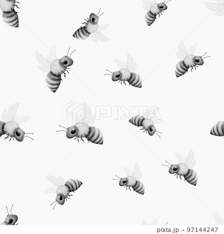 Black and white bee pattern, honey package background. Botanical nature realistic elements, flying insects, summer autumn animals, wildlife print. Decor textile. Vector seamless illustration 97144247