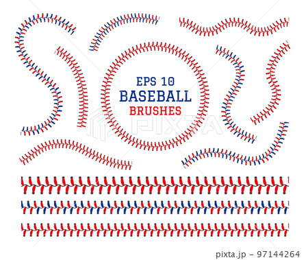Baseball seam. Lace softball pattern. Red brush texture for base ball. Abstract thread stripe symbol. Competition sport. Curve stitches. Circle or line sewing. Vector illustration set 97144264
