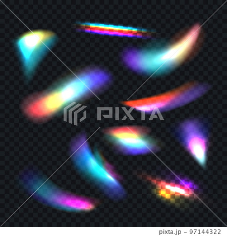 Diamond light reflection. Crystal rainbow. Sparkle glass effect. Magic jewellery refraction. Lighting spectrum. Iridescent or gradient glare. Bright flares set. Vector overlay background Diamond light reflection. Crystal rainbow. Sparkle glass effect. Magic jewellery refraction. Lighting spectrum. Iridescent or gradient glare. Bright flares set. Vector overlay background 97144322