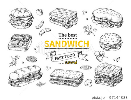 Sandwich sketch. Bagel and bruschetta. Breakfast wrap. Vintage doodle food drawing. Bread snack for bar. Gourmet lunch. Hamburger with cheese and sausage. Vector isolated illustration 97144383