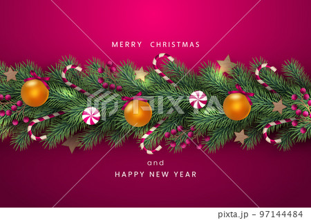 Merry xmas decorate border background. Fir tree with candy canes and glass toys. Greeting ornament frame, holiday party decor, stars in spruce branches. 3d isolated object vector banner template 97144484