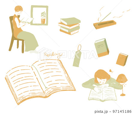読書をする人や栞のセットイラスト 本 積読 主線なし 読書をする人や栞のセットイラスト 本 積読 主線なし 97145186