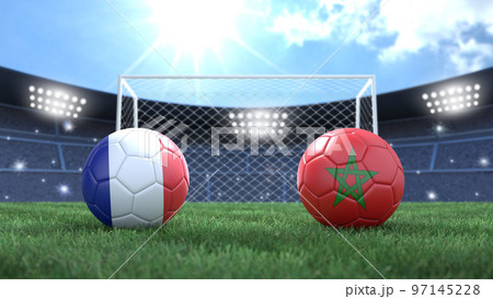 Two soccer balls in flags colors on stadium blurred background. France vs Morocco. 3d image 97145228