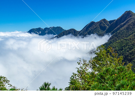 長野県の北沢峠から甲斐駒ヶ岳登山：鳳凰三山の地蔵ヶ岳オベリスクと雲海 97145239