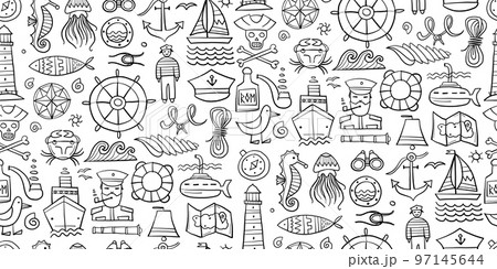 Nautical icons of navigator, ship and captain, lighthouse and sailor. Seamless pattern background for your design Nautical icons of navigator, ship and captain, lighthouse and sailor. Seamless pattern background for your design 97145644