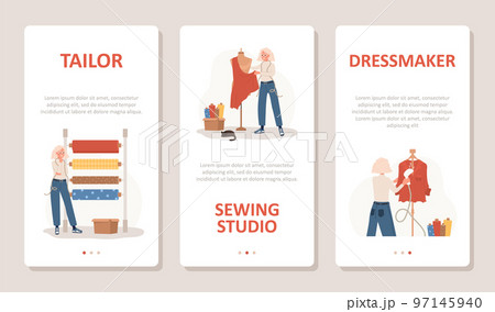 Sewing concept. Elderly woman seamstress sews, cuts and streams clothes. Set of vertical banners for social media. Fashion designer or dressmaker. Vector illustration in flat cartoon style Sewing concept. Elderly woman seamstress sews, cuts and streams clothes. Set of vertical banners for social media. Fashion designer or dressmaker. Vector illustration in flat cartoon style 97145940