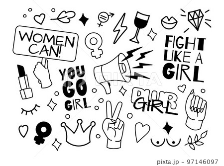 Girl power. Strong woman icons. Grunge feminist black elements set. Fist and breast. Love heart and flower. Feminism logo. Female hand. Protest phrase. Vector isolated symbols collection 97146097