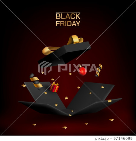 3d gift, black friday box. Open prize giftbox, happy festive prize render. Gold ribbons and confetti, realistic birthday party decor. 3D luxury isolated element, vector minimal banner design 97146099