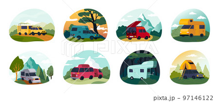 Camping caravan. Car on recreational road. Picnic with vehicle. RV truck. Holiday vacations. Travelers automobiles. Campsite transport. Isolated camper trailers set. Vector illustrations Camping caravan. Car on recreational road. Picnic with vehicle. RV truck. Holiday vacations. Travelers automobiles. Campsite transport. Isolated camper trailers set. Vector illustrations 97146122